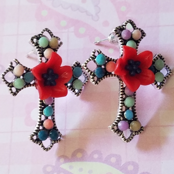 Jewelry - Cross earrings with red flower and Beads